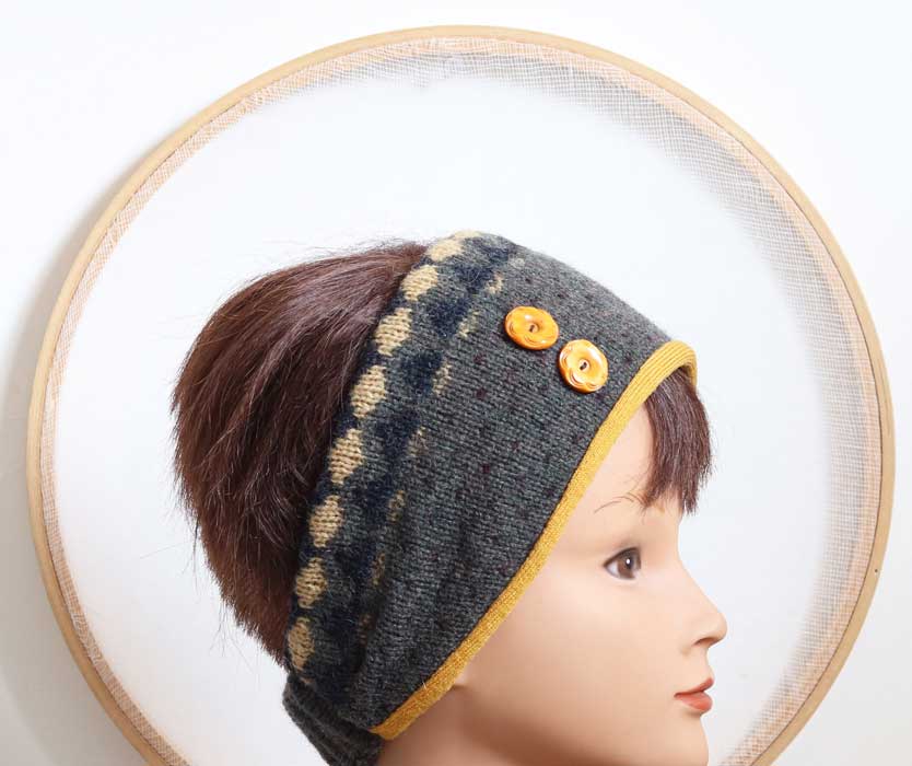 accessoire cheveux pour femme jaune et vert jade, bandeau double épaisseur pour l'hiver signé les chapeaux de Clémence